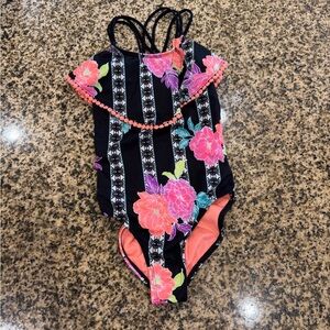 Wonder Nation Floral Striped One-Piece Swimsuit Girls Size Medium 7/8